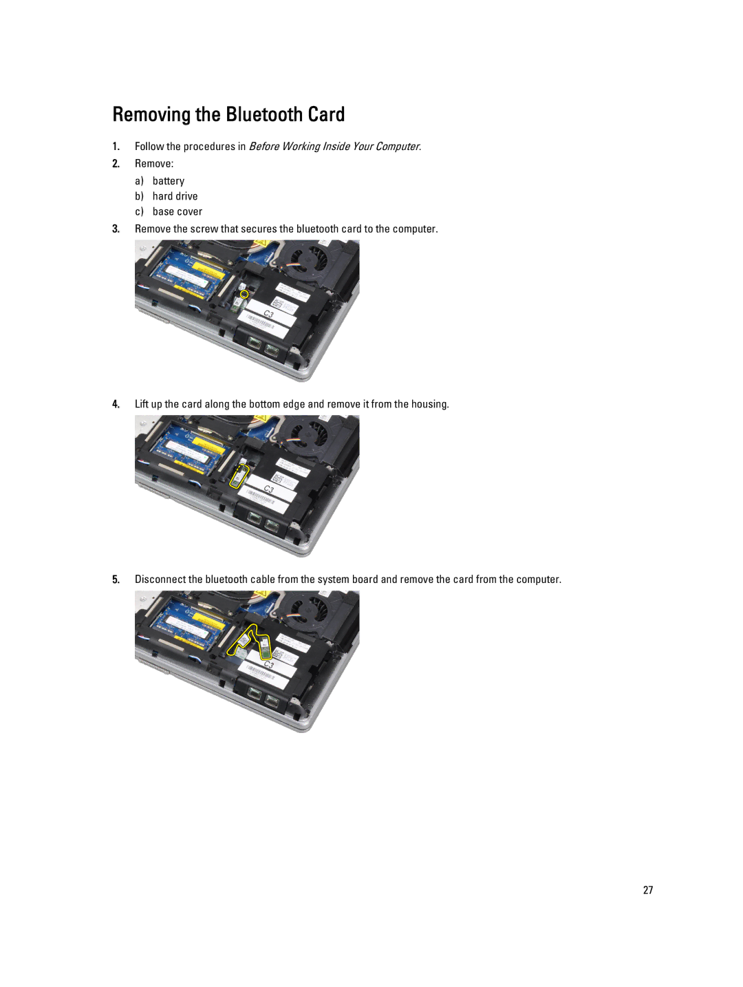 Dell E6430 owner manual Removing the Bluetooth Card 