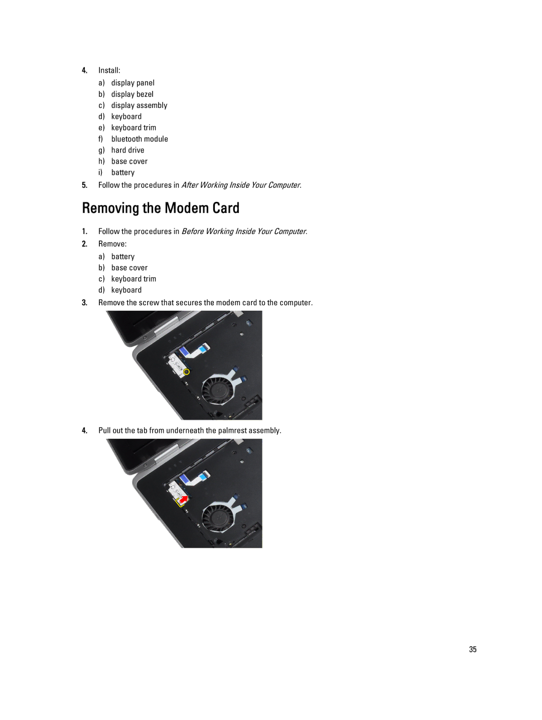 Dell E6430 owner manual Removing the Modem Card 