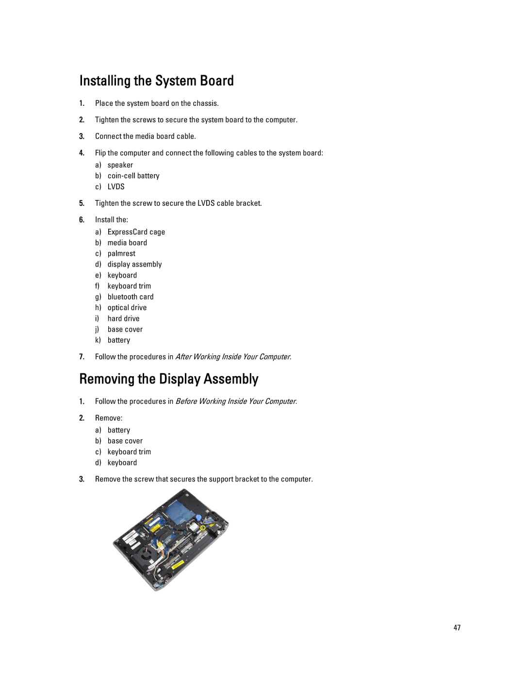 Dell E6430 owner manual Installing the System Board, Removing the Display Assembly 