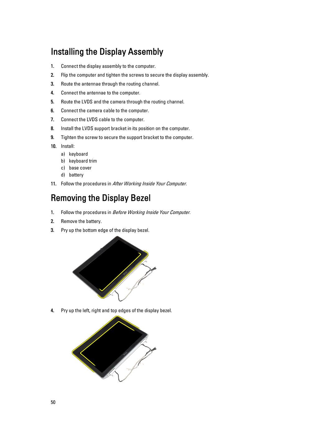 Dell E6430 owner manual Installing the Display Assembly, Removing the Display Bezel 