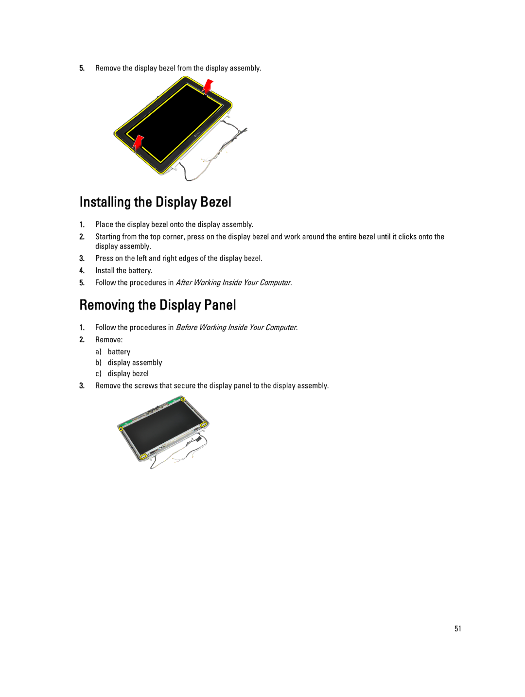 Dell E6430 owner manual Installing the Display Bezel, Removing the Display Panel 