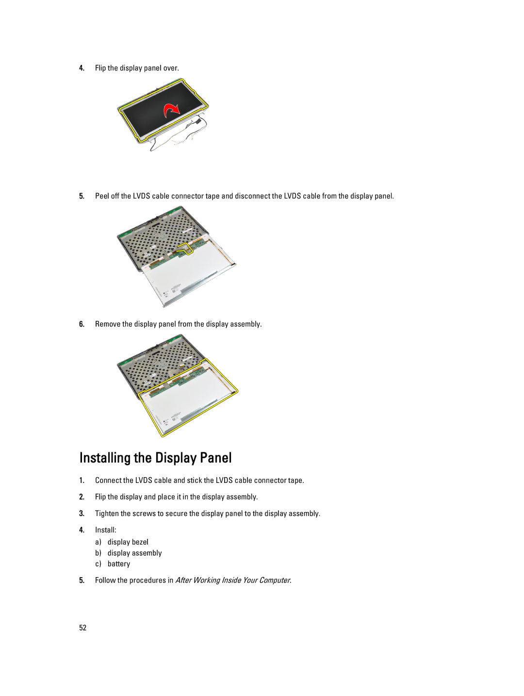 Dell E6430 owner manual Installing the Display Panel 