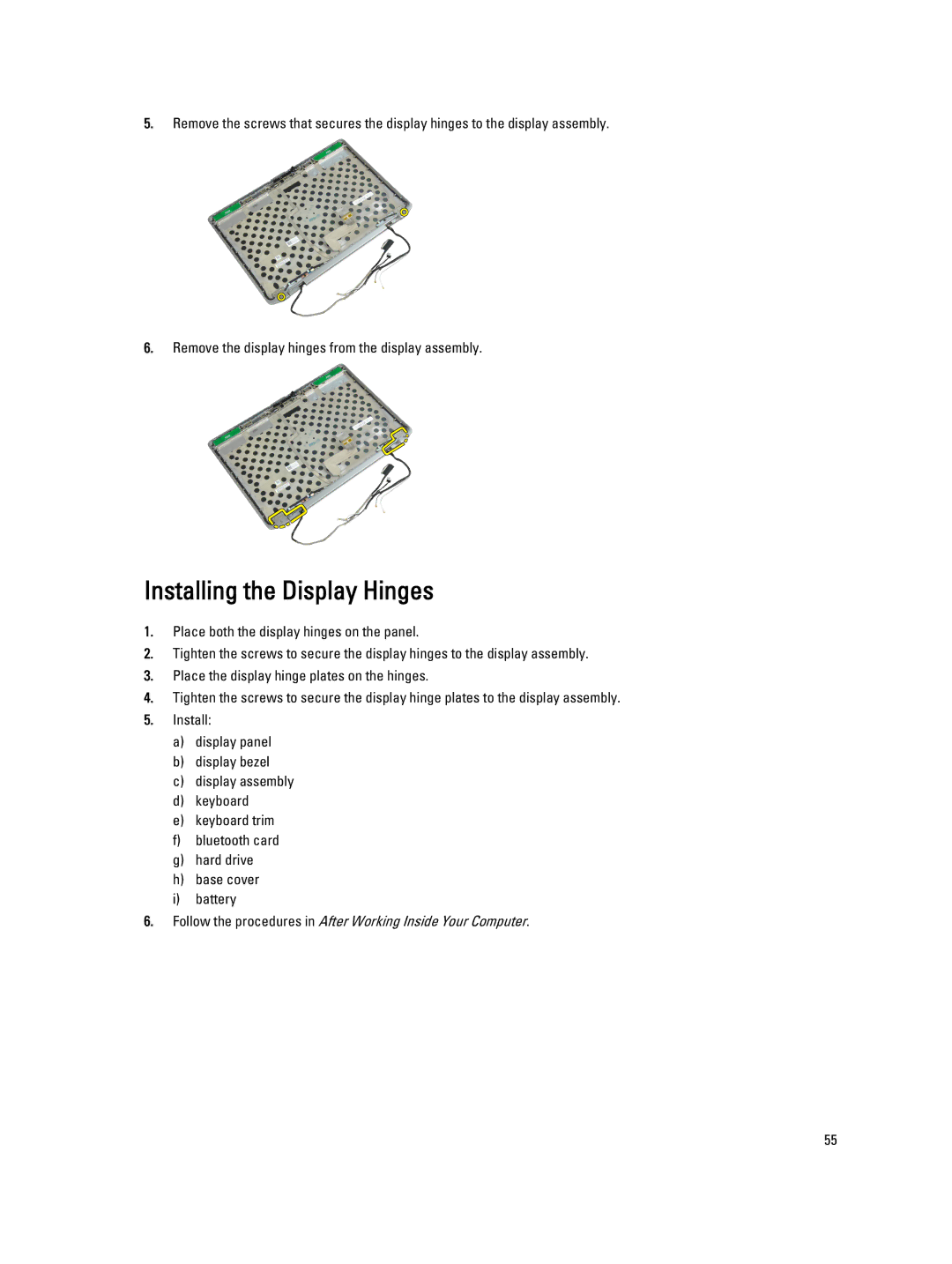 Dell E6430 owner manual Installing the Display Hinges 