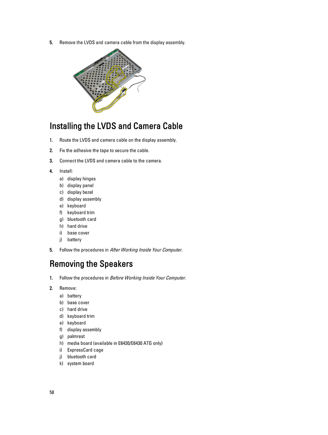 Dell E6430 owner manual Installing the Lvds and Camera Cable, Removing the Speakers 