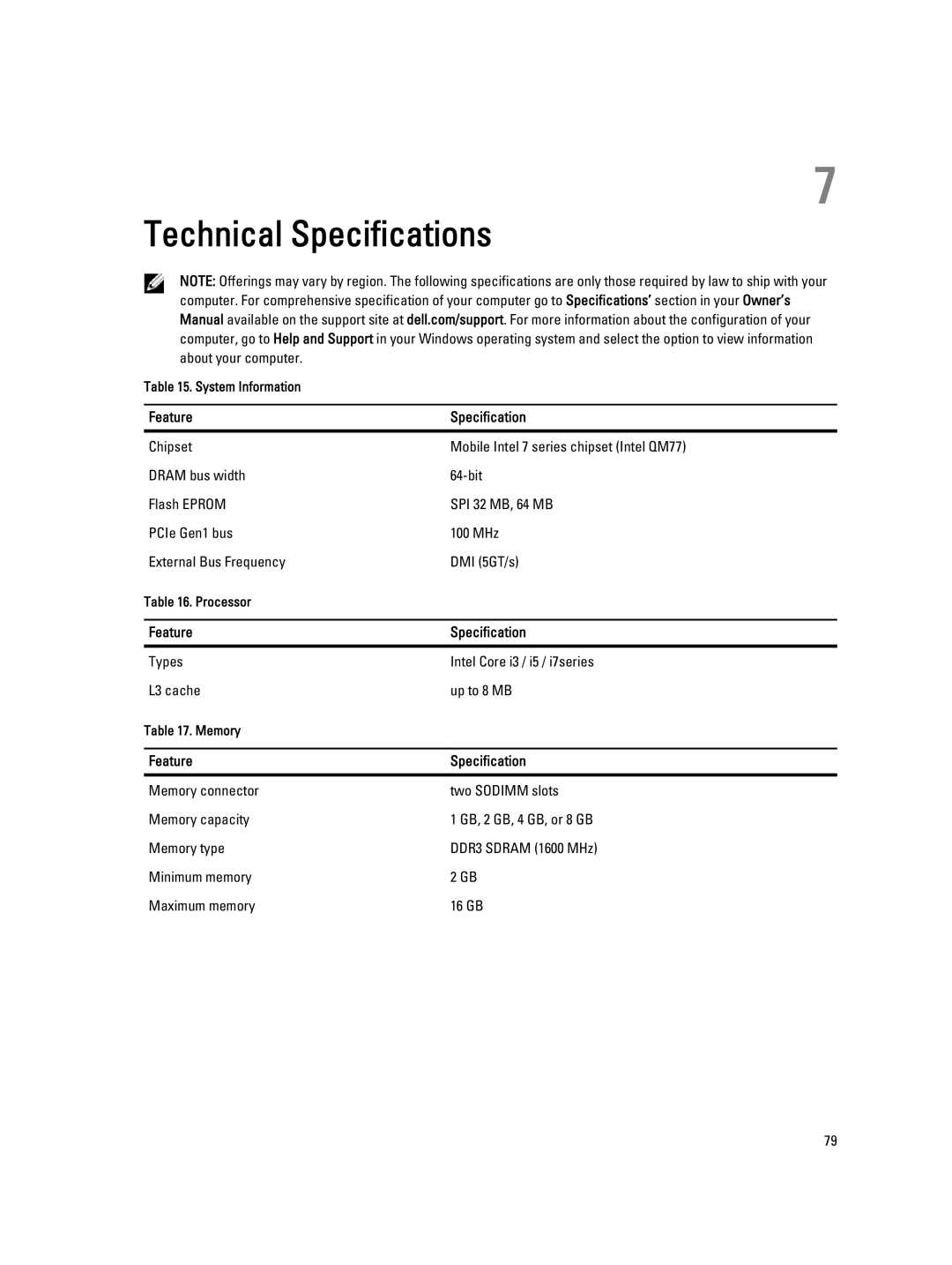 Dell E6430 owner manual Technical Specifications, Feature Specification 