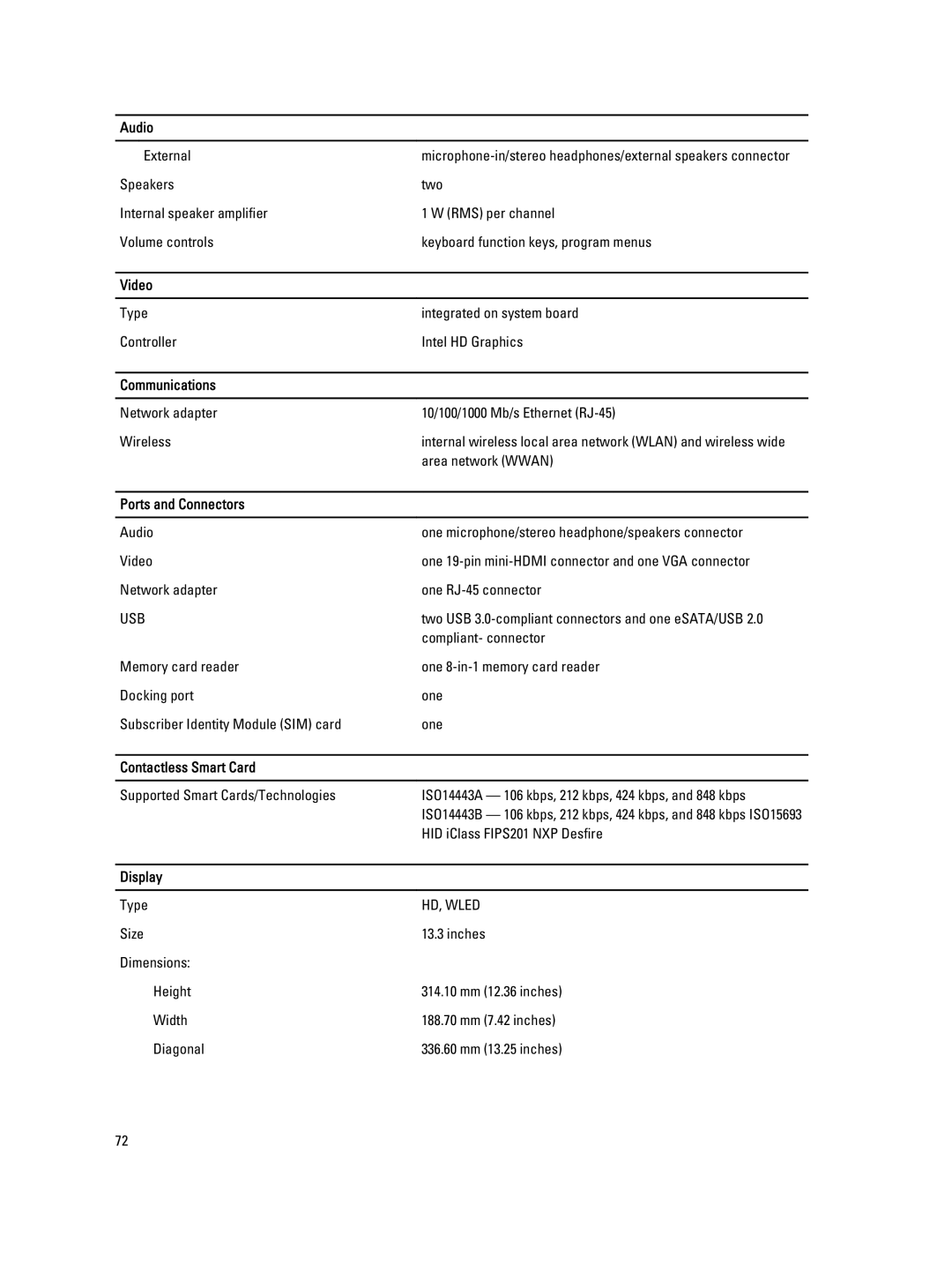 Dell E6430S owner manual Video, Communications, Ports and Connectors, Contactless Smart Card, Display 