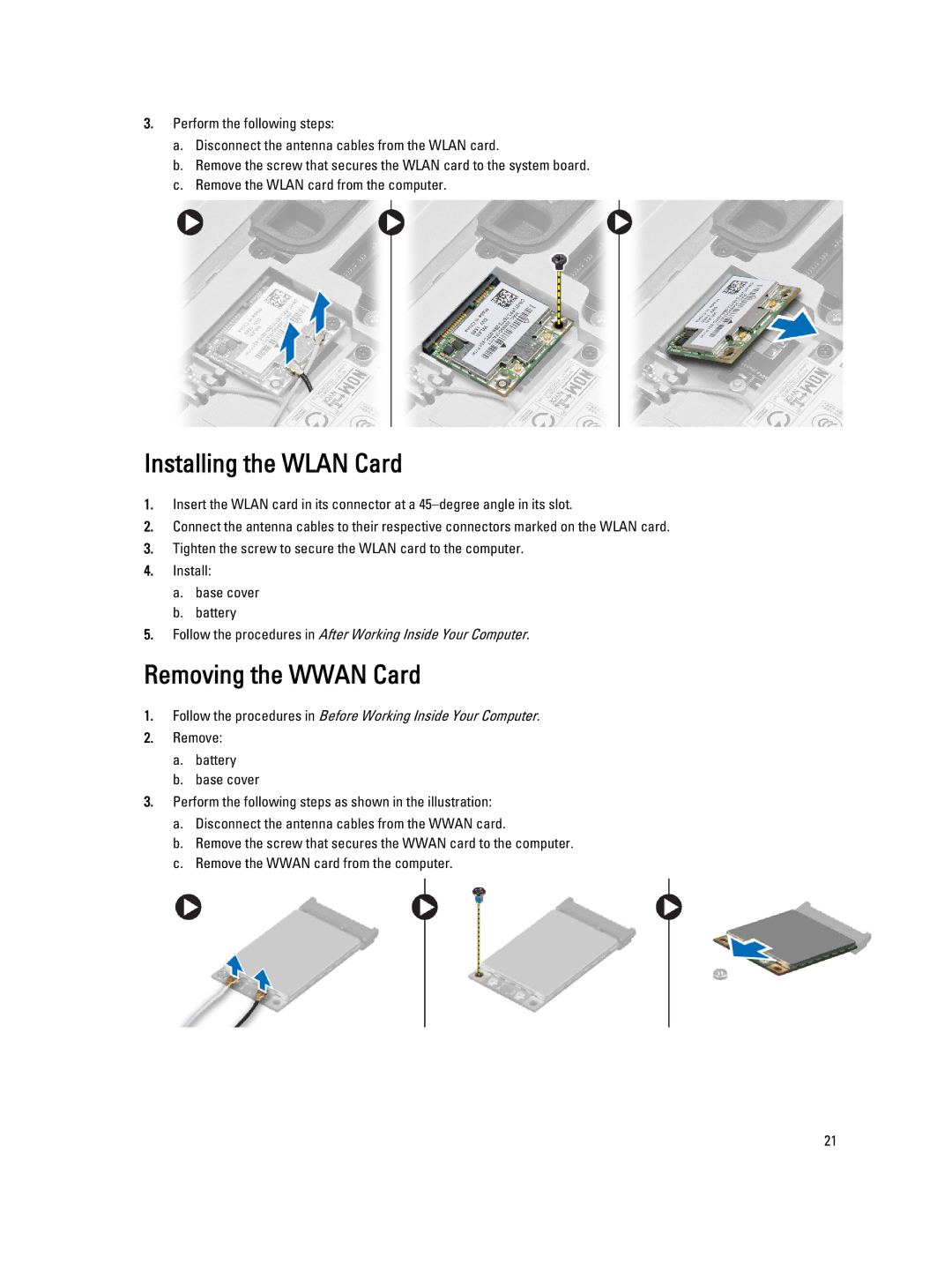 Dell E6440 owner manual Installing the Wlan Card, Removing the Wwan Card 