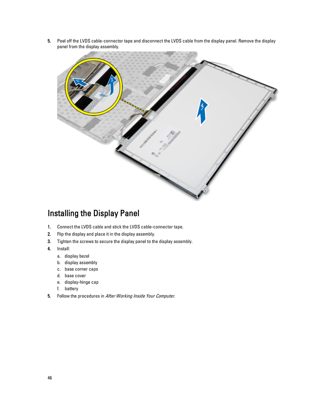 Dell E6440 owner manual Installing the Display Panel 