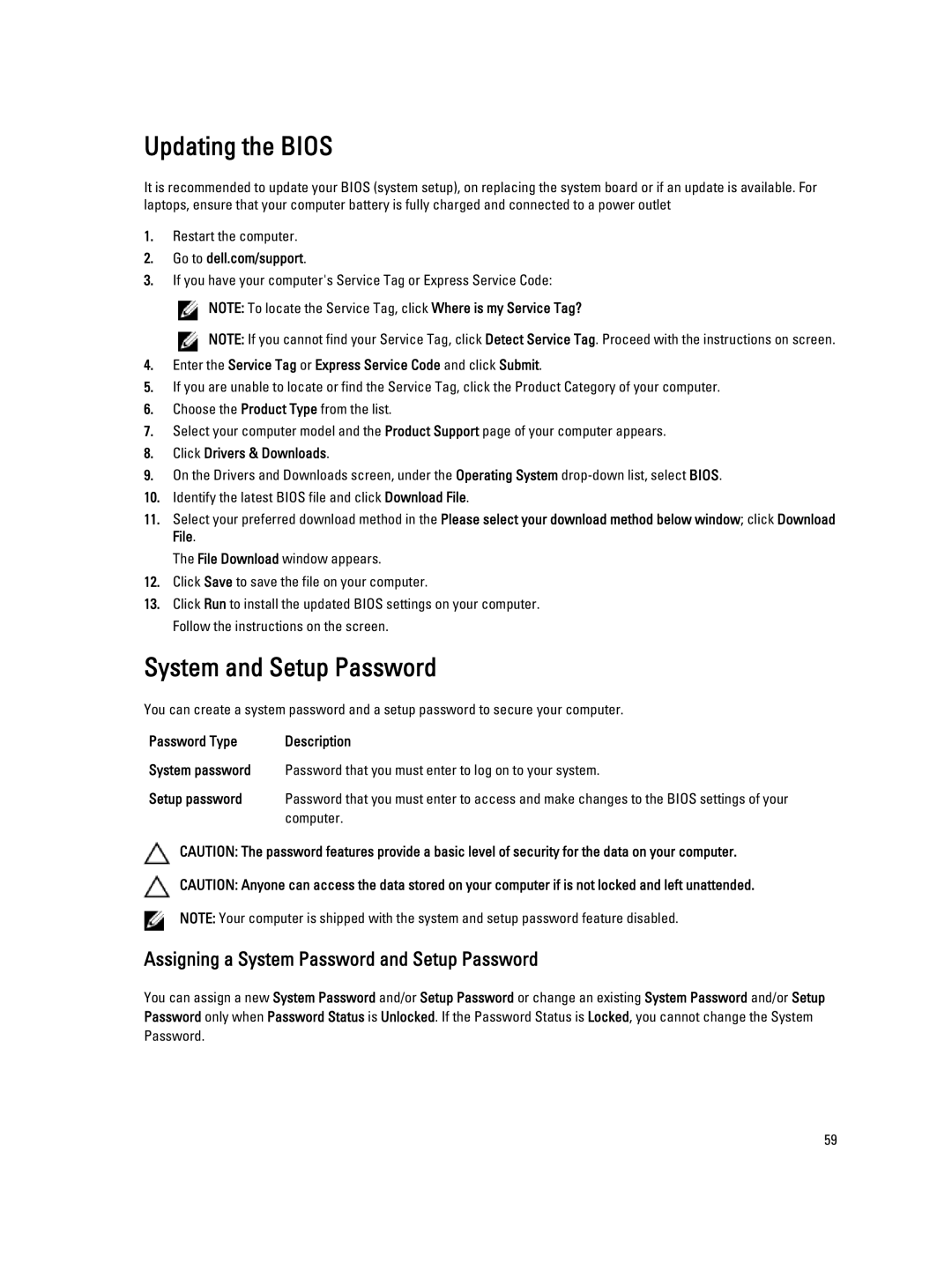 Dell E6440 owner manual Updating the Bios, System and Setup Password, Click Drivers & Downloads, Computer 