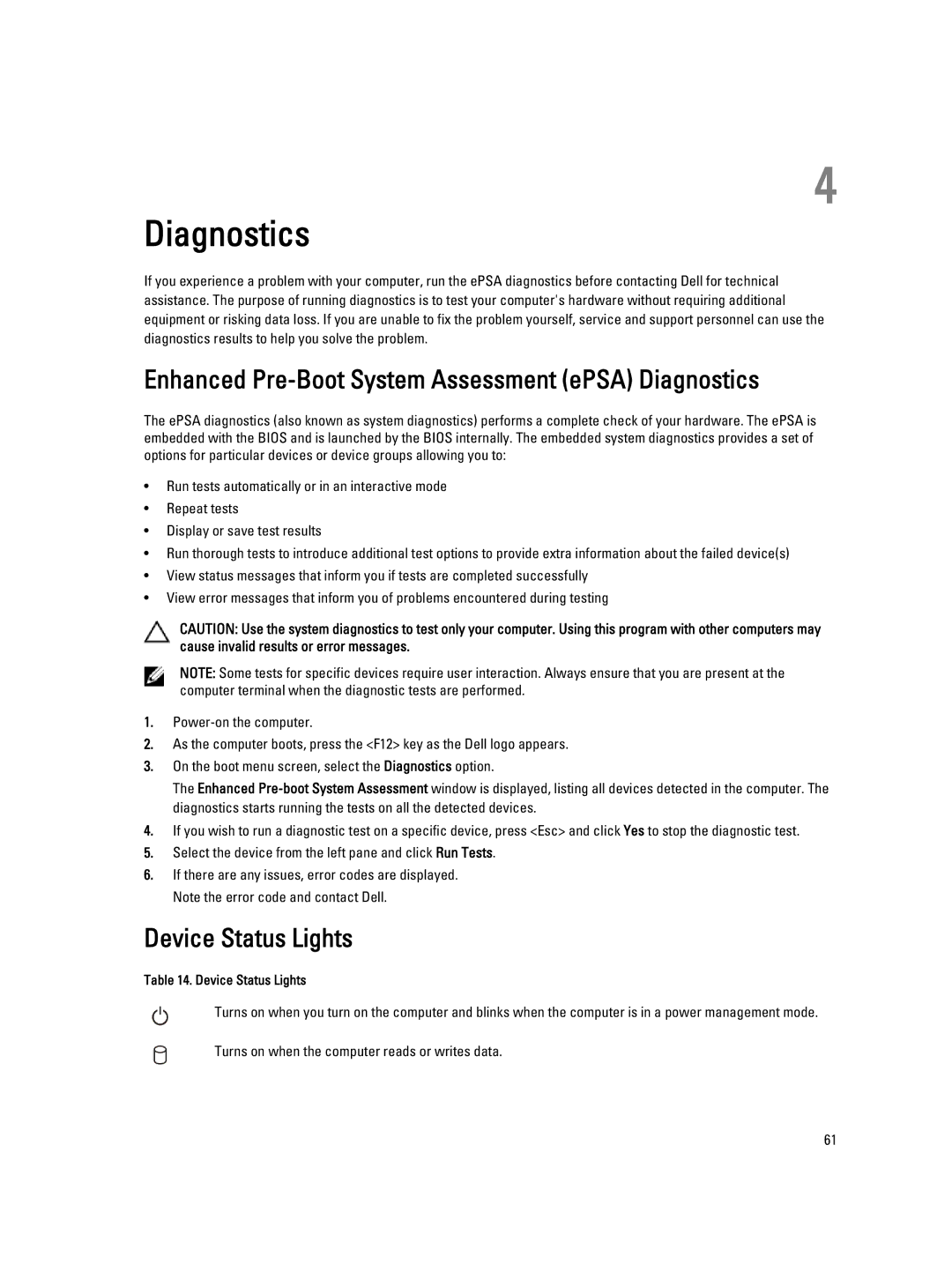 Dell E6440 owner manual Enhanced Pre-Boot System Assessment ePSA Diagnostics, Device Status Lights 