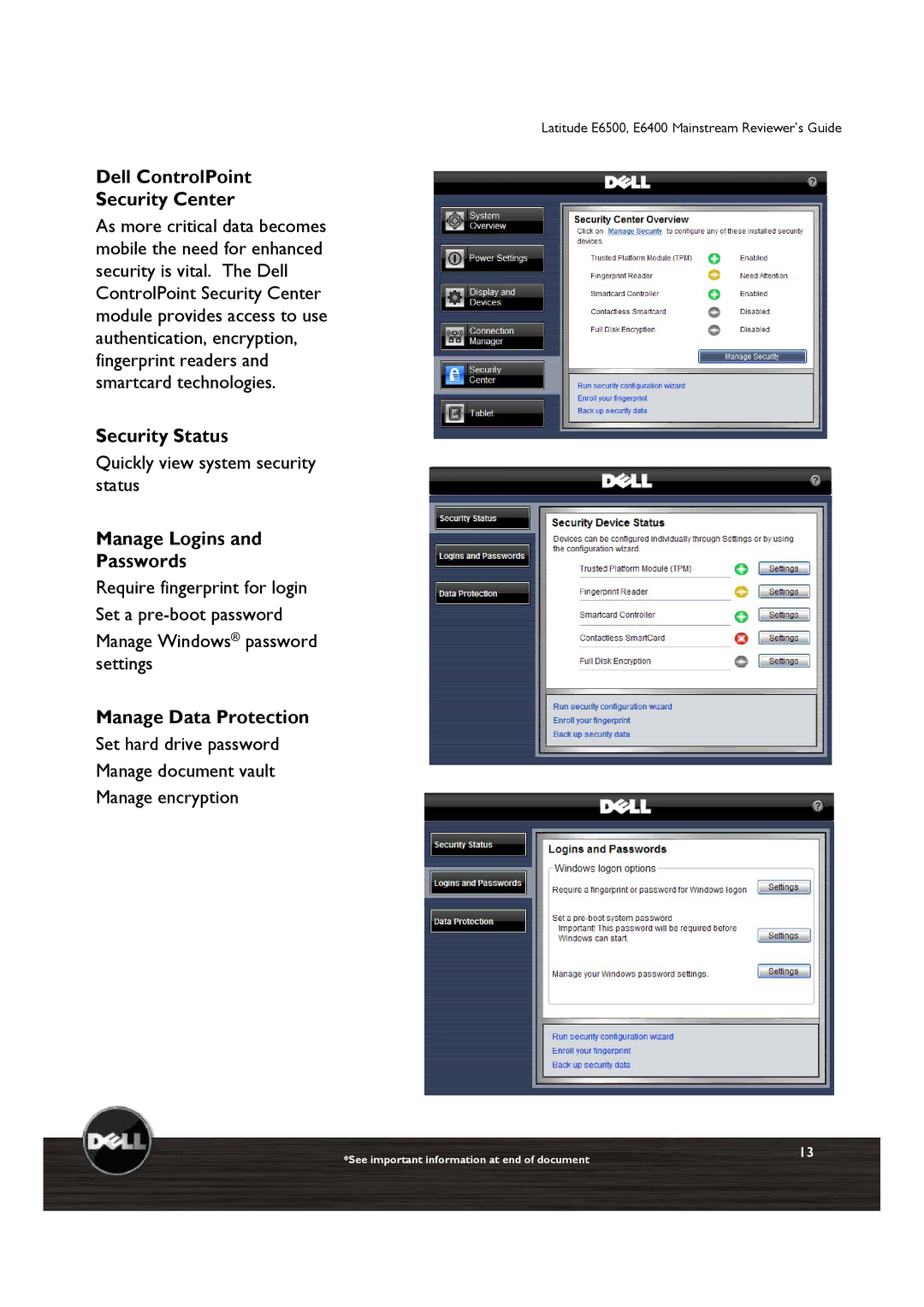 Dell E6400 Dell ControlPoint Security Center, Security Status, Quickly view system security status, Manage Data Protection 