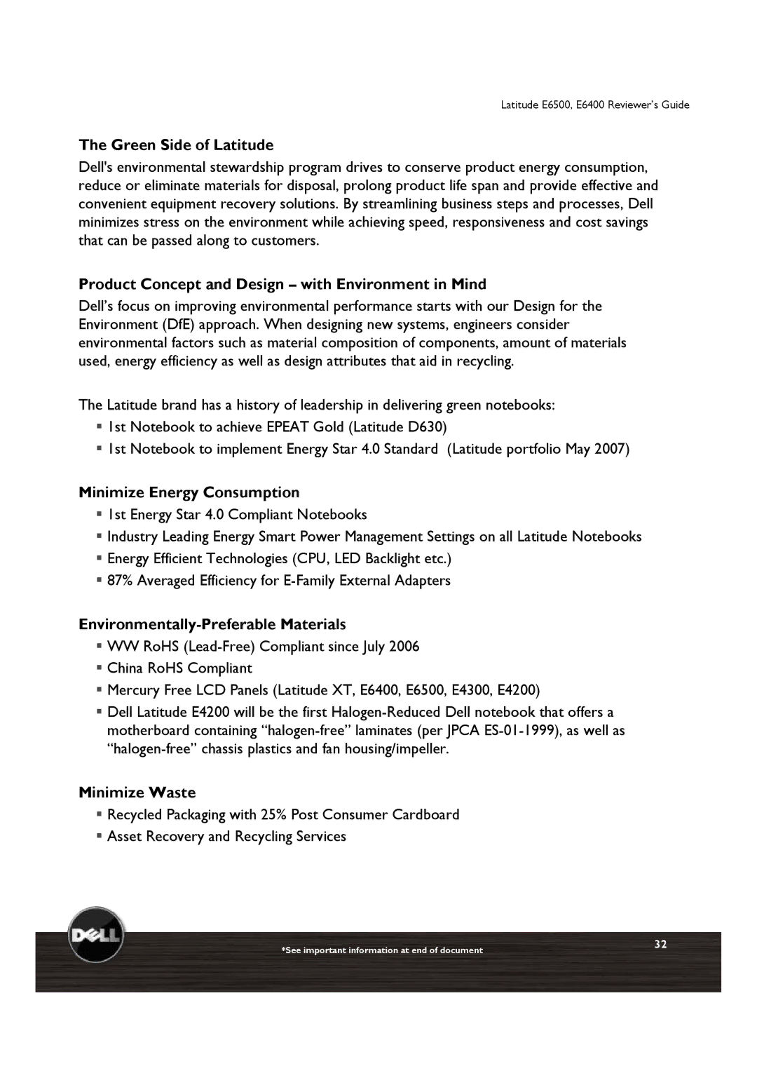 Dell E6500, E6400 Green Side of Latitude, Product Concept and Design with Environment in Mind, Minimize Energy Consumption 