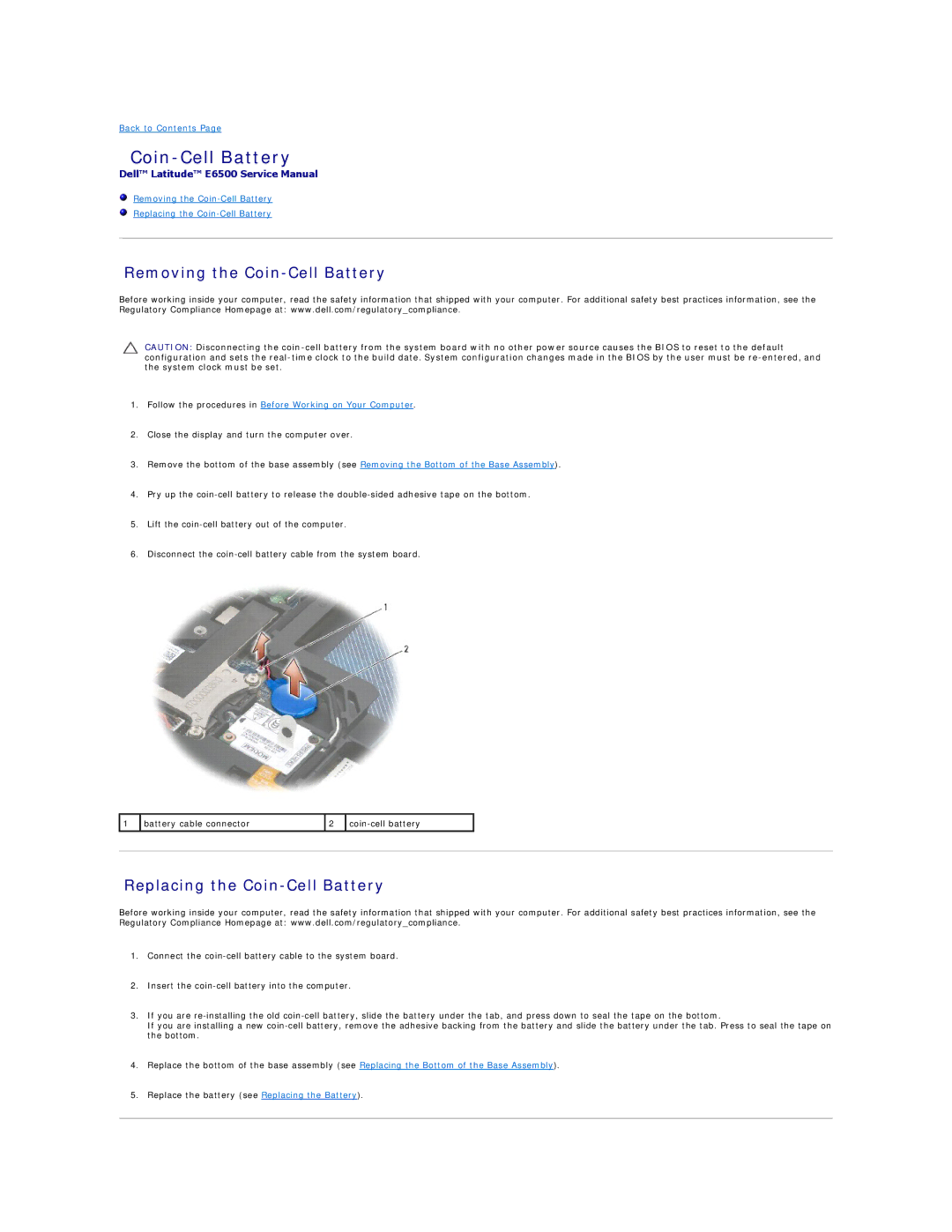 Dell E6500 manual Removing the Coin-Cell Battery, Replacing the Coin-Cell Battery 