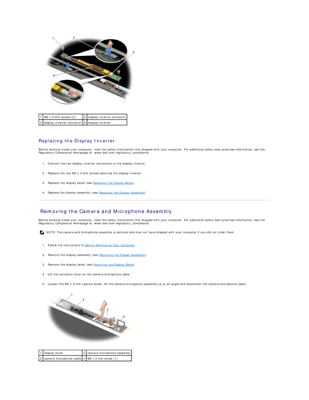 Dell E6500 manual Removing the Camera and Microphone Assembly, Replacing the Display Inverter 