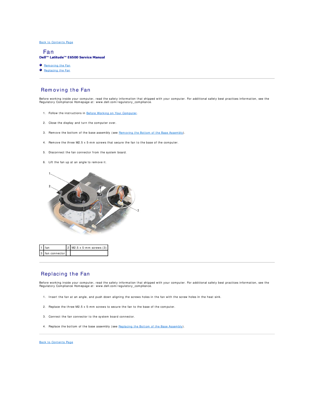 Dell E6500 manual Removing the Fan Replacing the Fan 