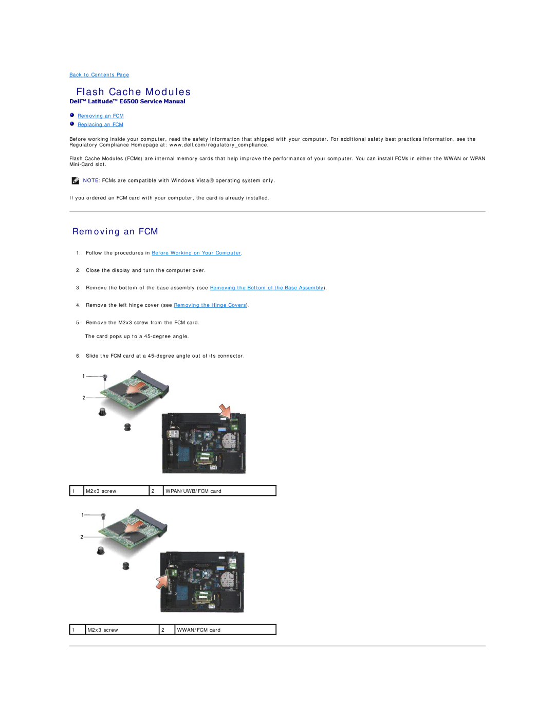 Dell E6500 manual Flash Cache Modules, Removing an FCM Replacing an FCM 