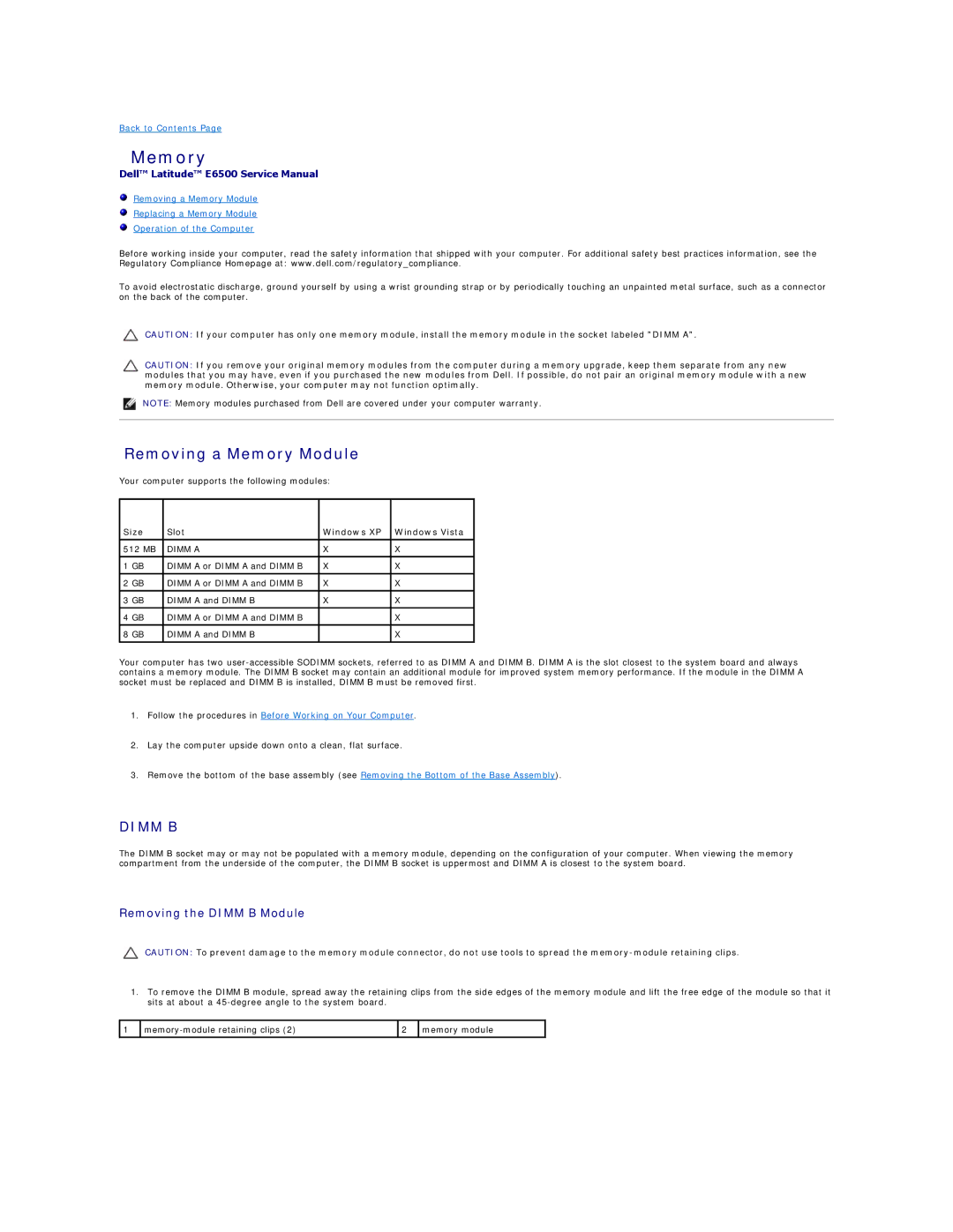 Dell E6500 manual Removing a Memory Module, Removing the Dimm B Module 