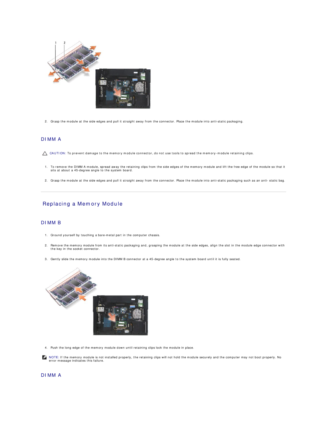 Dell E6500 manual Replacing a Memory Module, Dimm a 