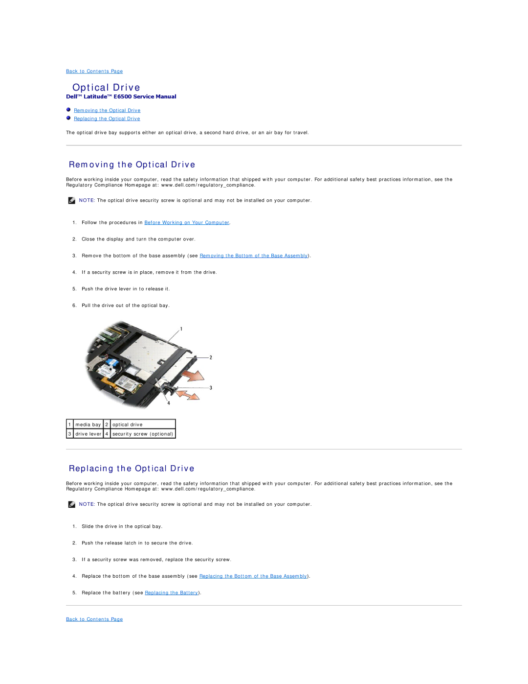 Dell E6500 manual Removing the Optical Drive, Replacing the Optical Drive 