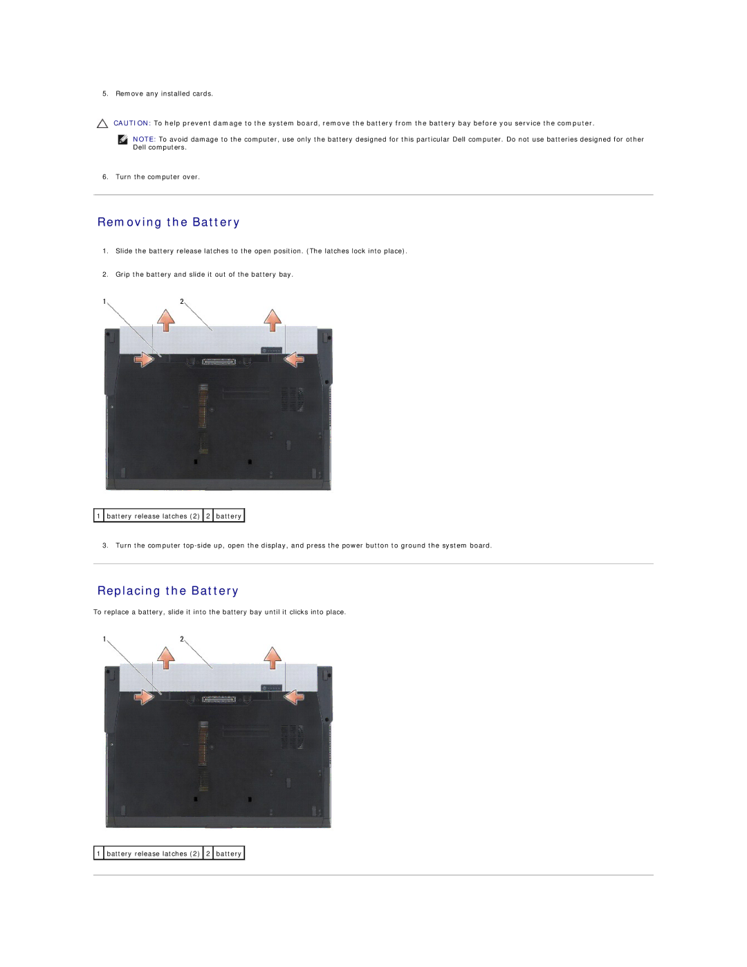 Dell E6500 manual Removing the Battery, Replacing the Battery 