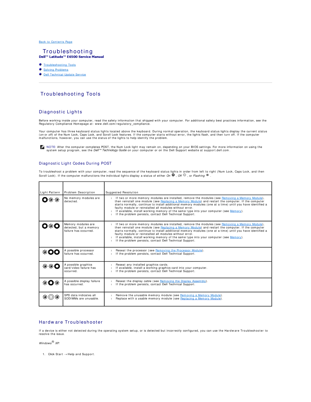 Dell E6500 manual Troubleshooting Tools, Diagnostic Lights, Hardware Troubleshooter, Diagnostic Light Codes During Post 