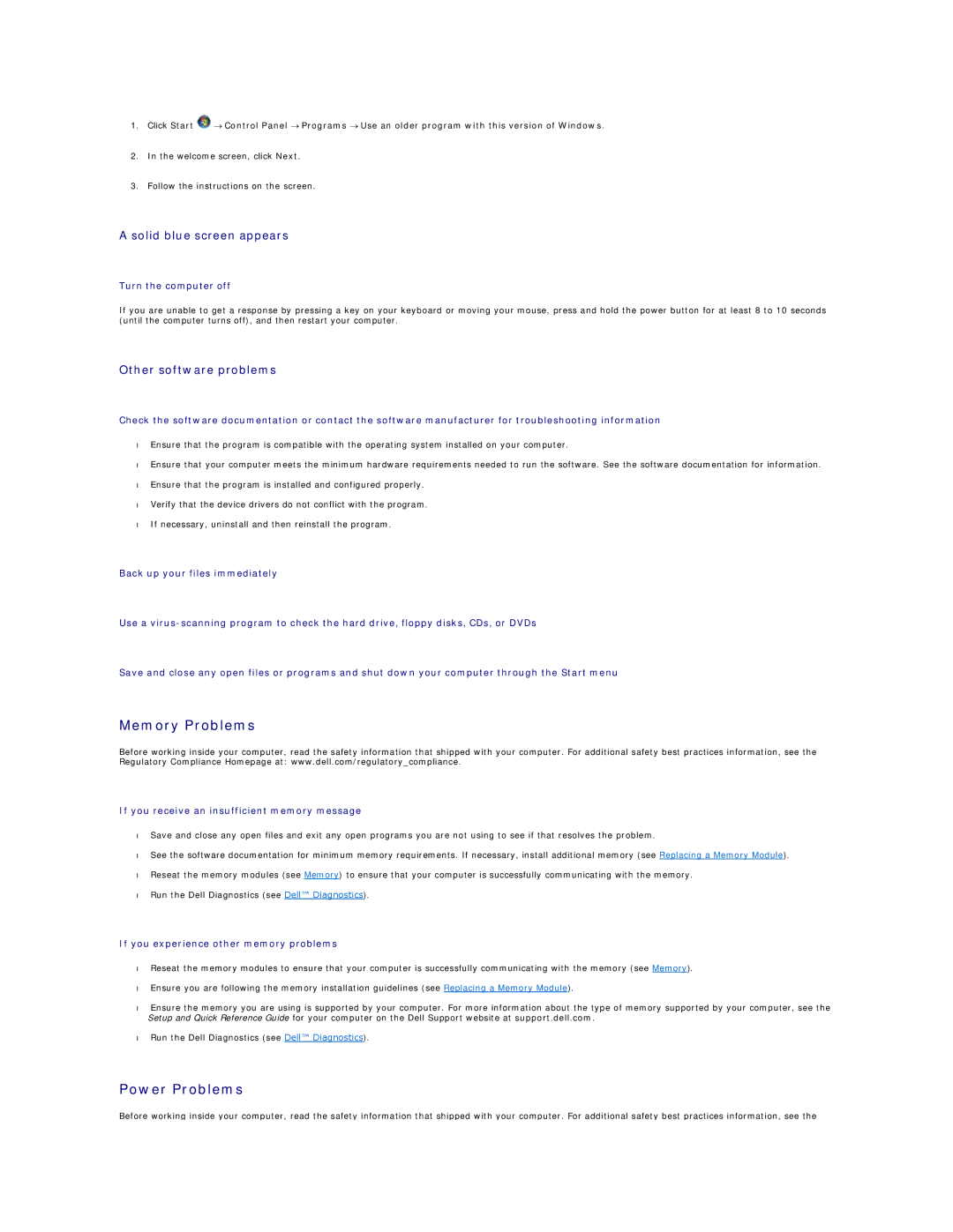 Dell E6500 manual Memory Problems, Power Problems, Solid blue screen appears, Other software problems 