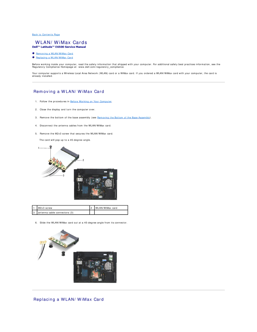 Dell E6500 manual WLAN/WiMax Cards, Removing a WLAN/WiMax Card, Replacing a WLAN/WiMax Card 