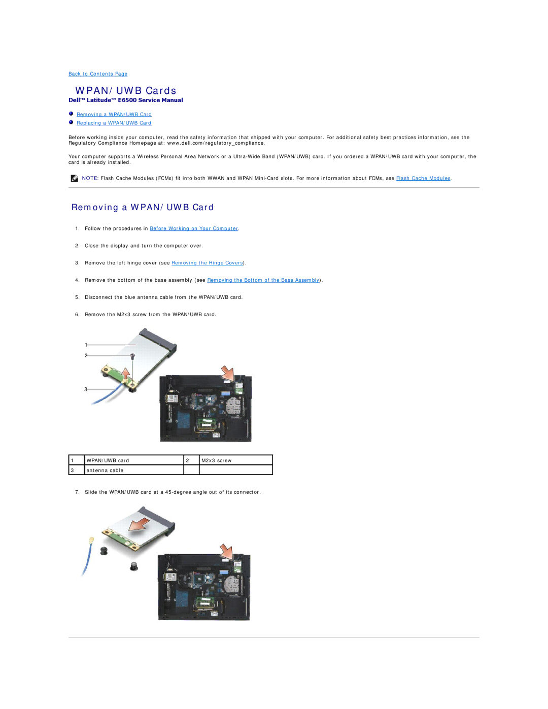 Dell E6500 manual WPAN/UWB Cards, Removing a WPAN/UWB Card Replacing a WPAN/UWB Card 