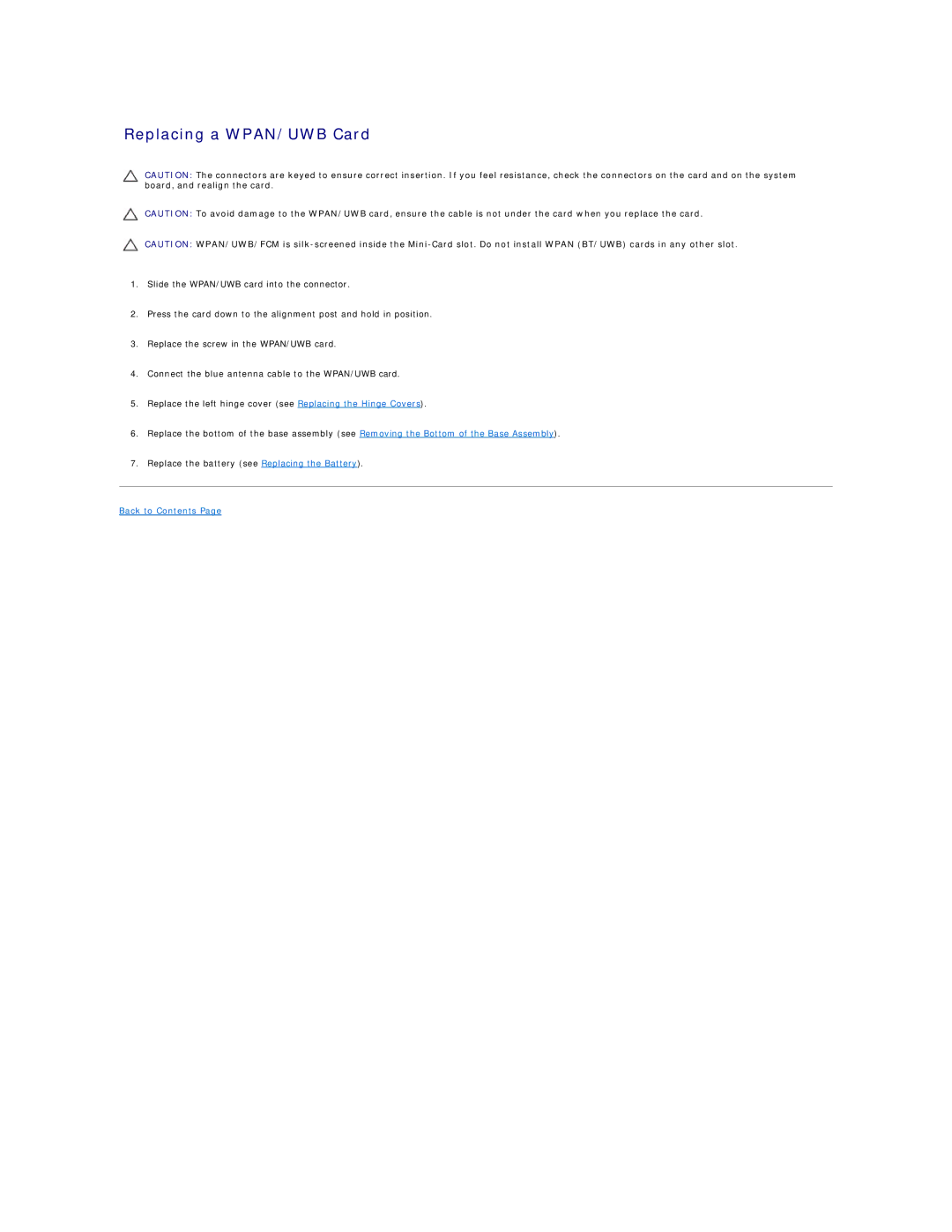 Dell E6500 manual Replacing a WPAN/UWB Card 