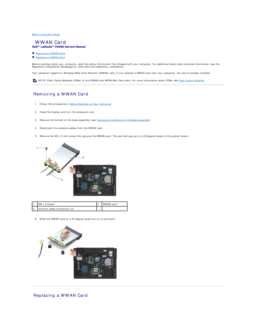 Dell E6500 manual Removing a Wwan Card Replacing a Wwan Card 