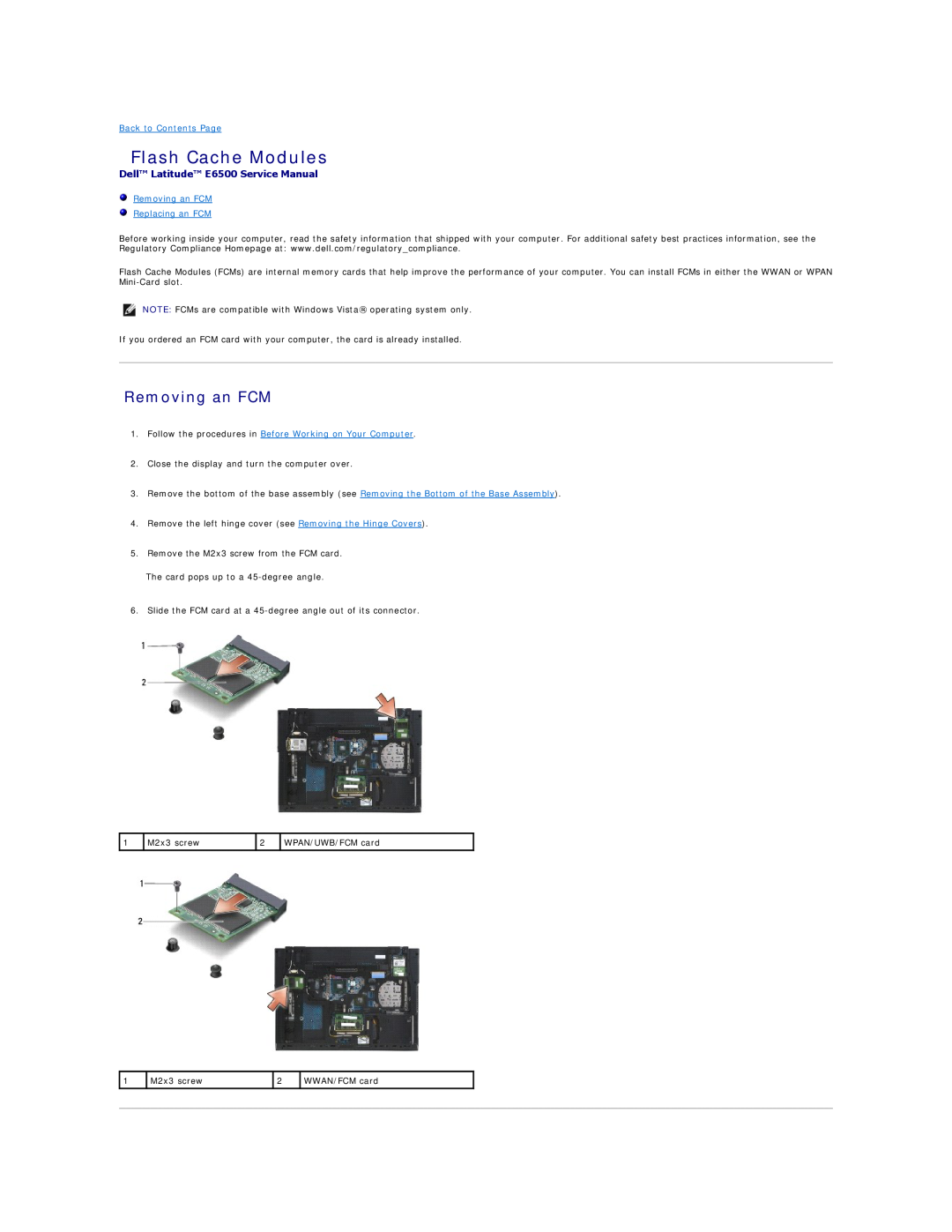 Dell manual Flash Cache Modules, Removing an FCM Replacing an FCM, Dell Latitude E6500 Service Manual 