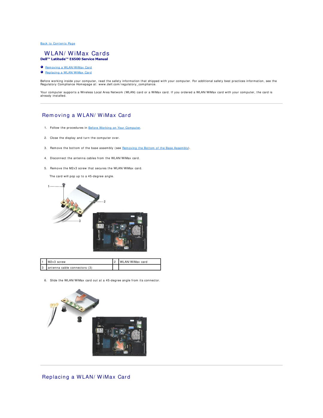 Dell WLAN/WiMax Cards, Removing a WLAN/WiMax Card, Replacing a WLAN/WiMax Card, Dell Latitude E6500 Service Manual 