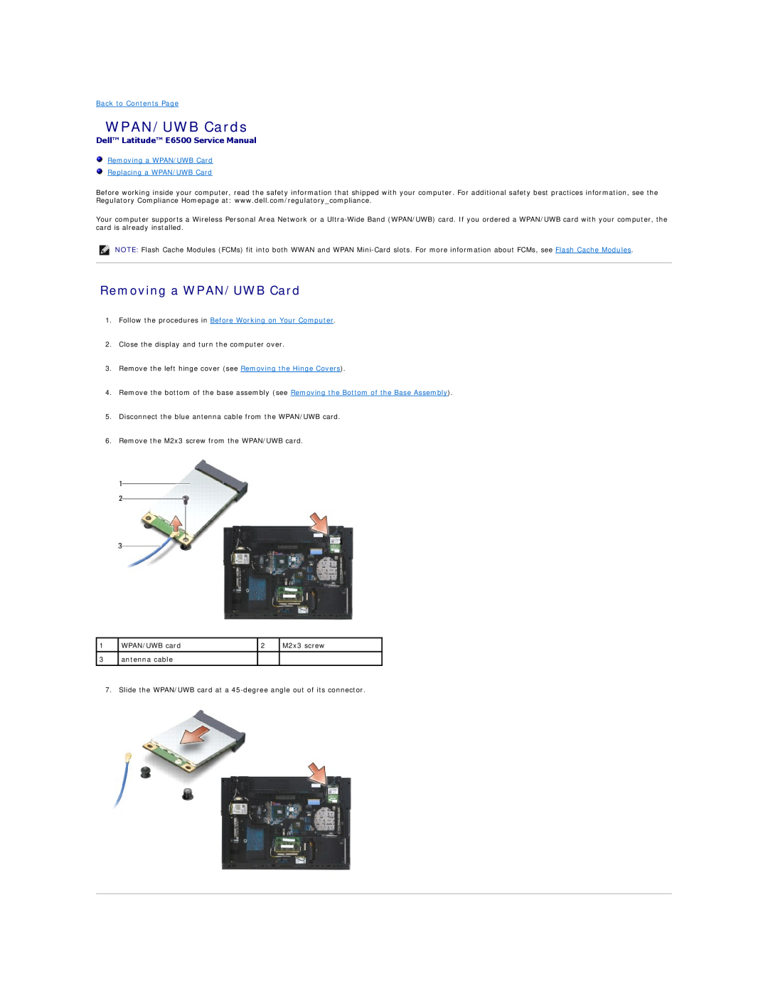 Dell manual WPAN/UWB Cards, Removing a WPAN/UWB Card Replacing a WPAN/UWB Card, Dell Latitude E6500 Service Manual 