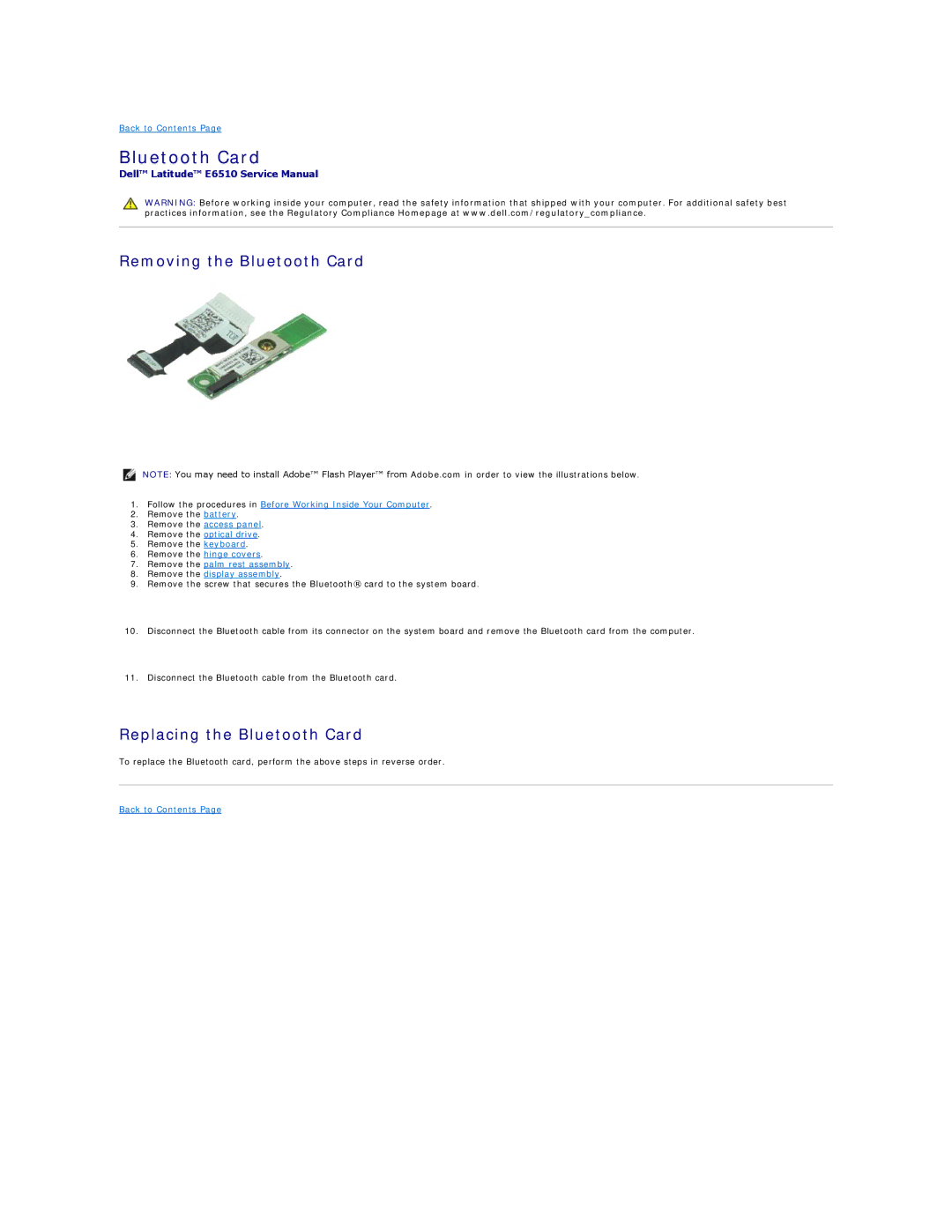 Dell E6510 specifications Removing the Bluetooth Card, Replacing the Bluetooth Card 