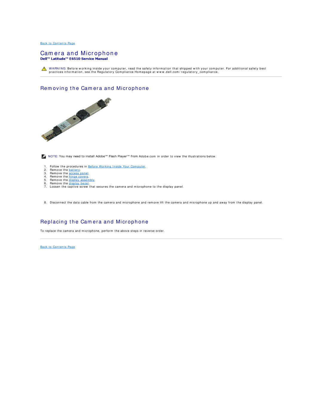 Dell E6510 specifications Removing the Camera and Microphone, Replacing the Camera and Microphone 