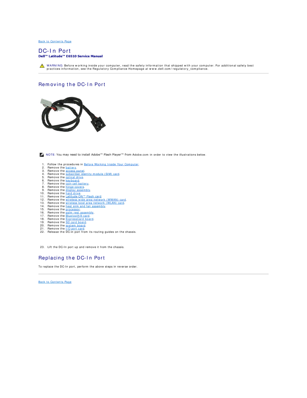 Dell E6510 specifications Removing the DC-In Port, Replacing the DC-In Port 