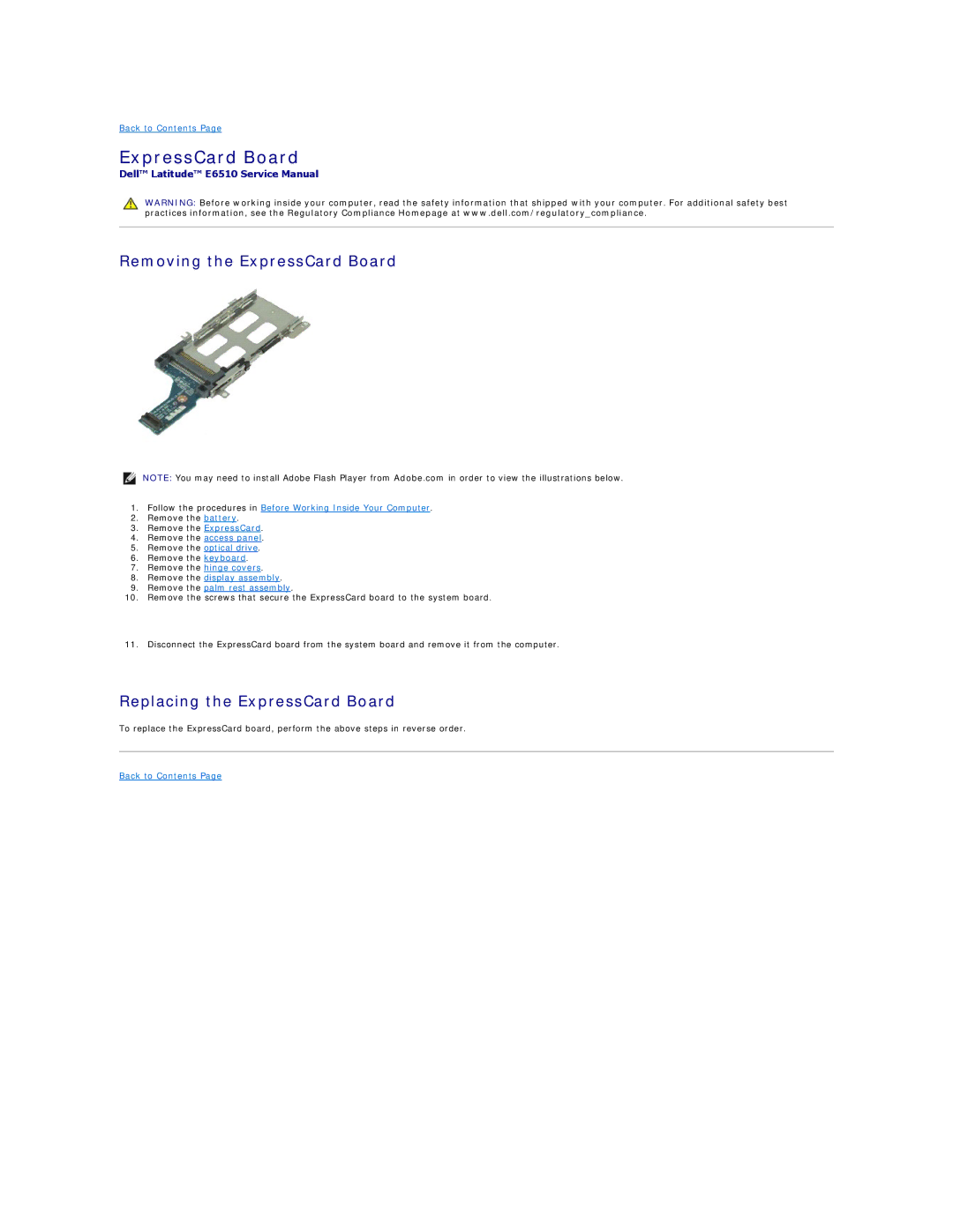 Dell E6510 specifications Removing the ExpressCard Board, Replacing the ExpressCard Board 