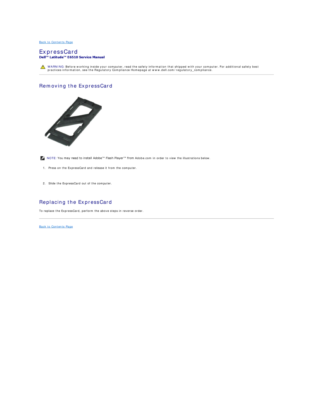 Dell E6510 specifications Removing the ExpressCard, Replacing the ExpressCard 