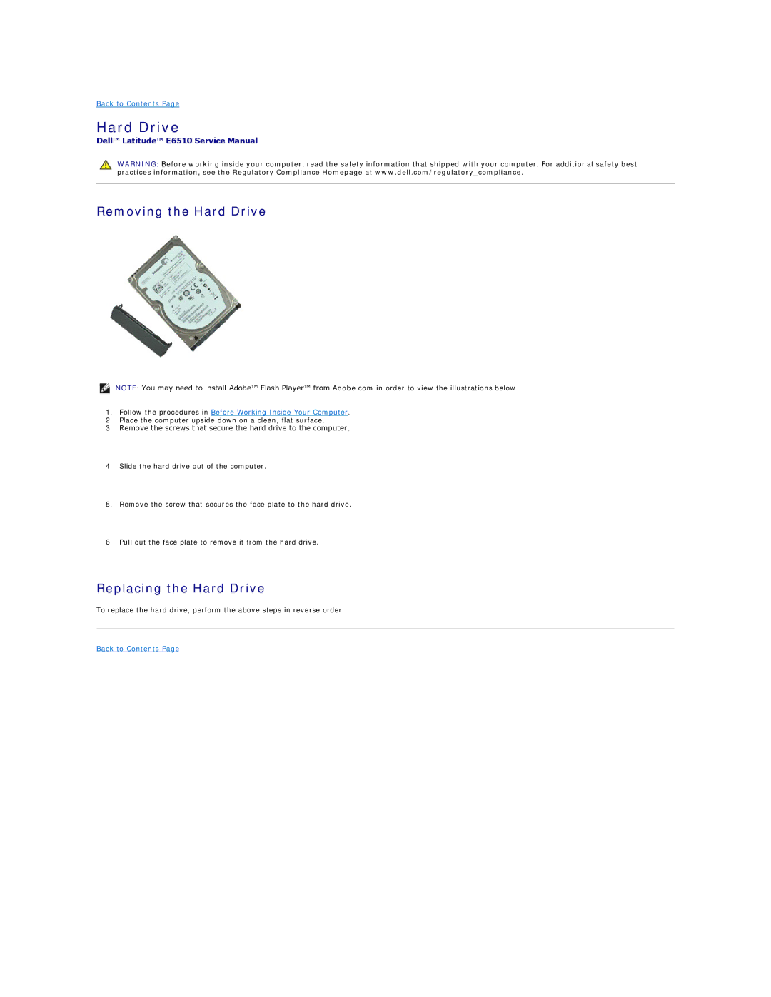 Dell E6510 specifications Removing the Hard Drive, Replacing the Hard Drive 