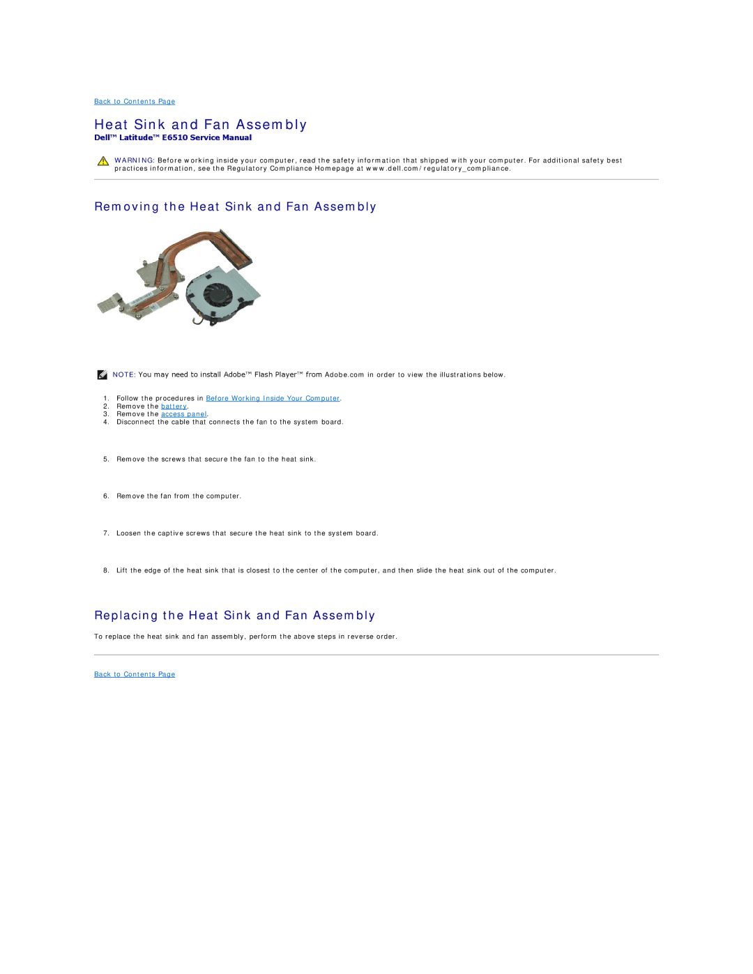 Dell E6510 specifications Removing the Heat Sink and Fan Assembly, Replacing the Heat Sink and Fan Assembly 