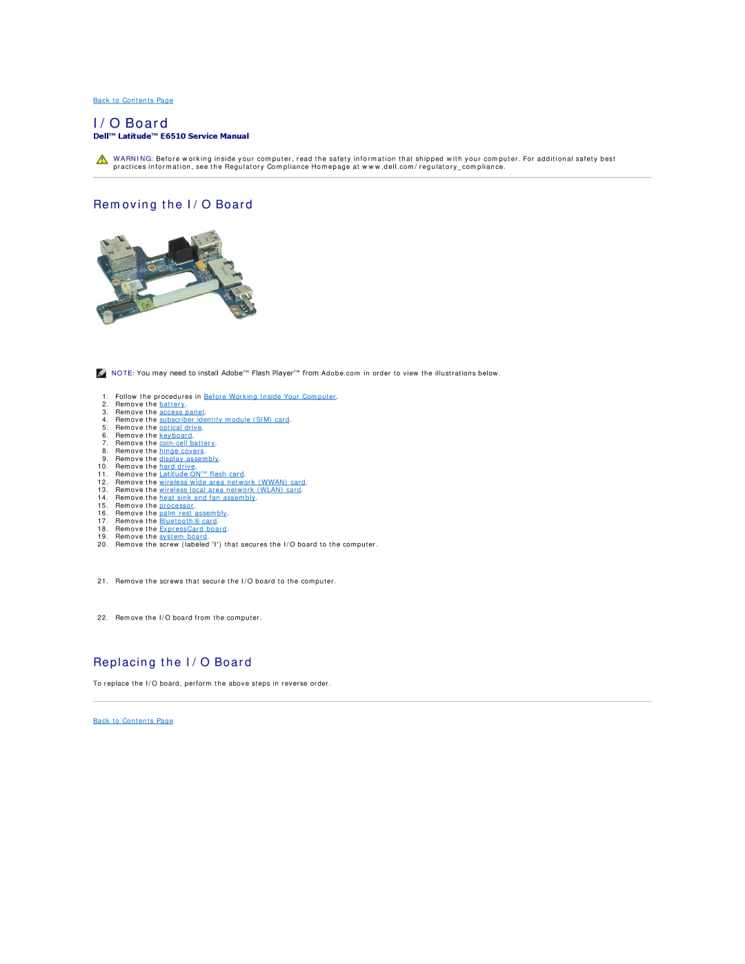 Dell E6510 specifications Removing the I/O Board, Replacing the I/O Board 