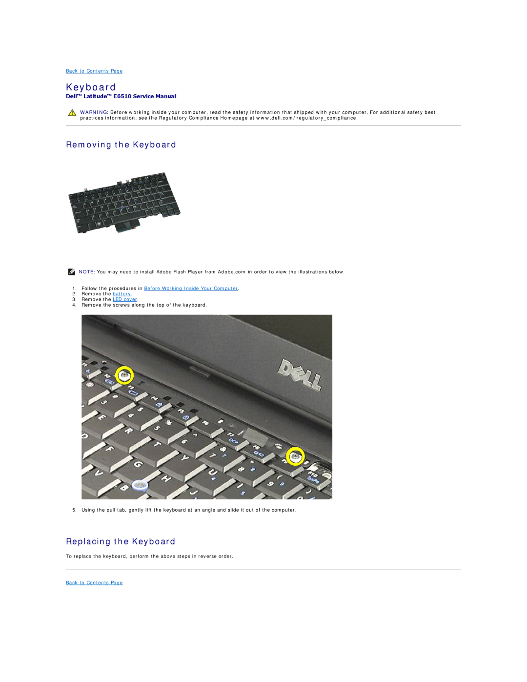 Dell E6510 specifications Removing the Keyboard, Replacing the Keyboard 