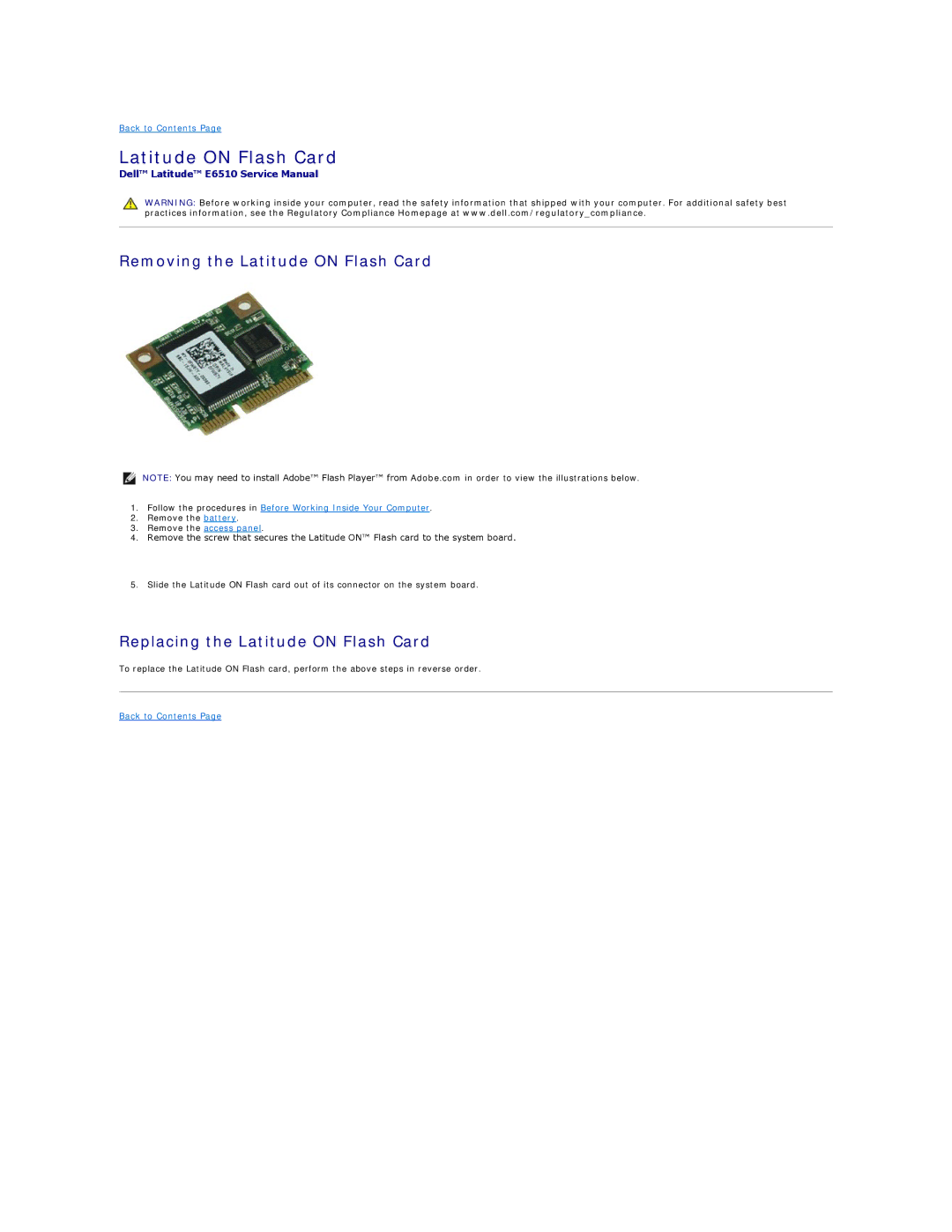 Dell E6510 specifications Removing the Latitude on Flash Card, Replacing the Latitude on Flash Card 