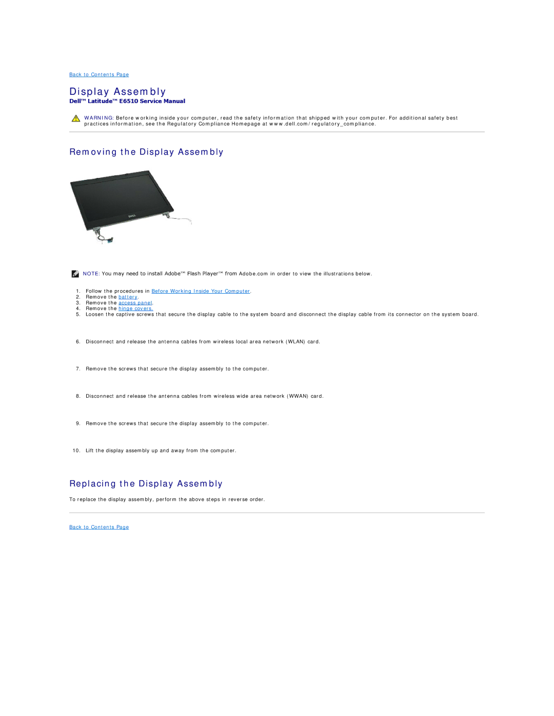 Dell E6510 specifications Removing the Display Assembly, Replacing the Display Assembly 