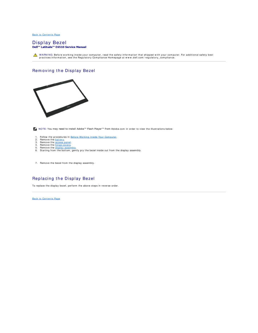 Dell E6510 specifications Removing the Display Bezel, Replacing the Display Bezel 