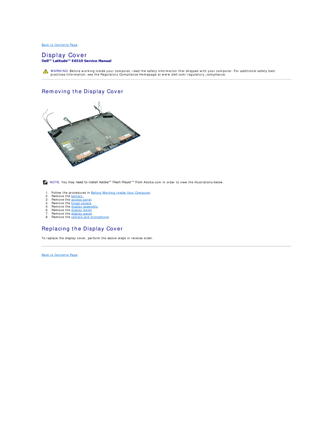 Dell E6510 specifications Removing the Display Cover, Replacing the Display Cover 