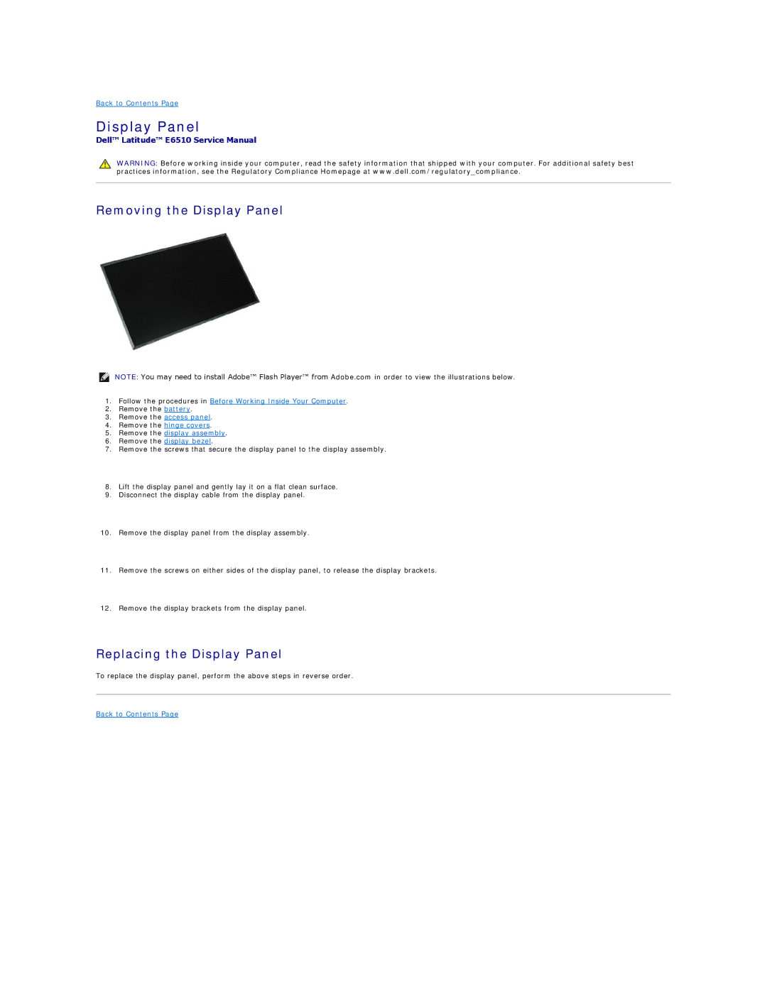 Dell E6510 specifications Removing the Display Panel, Replacing the Display Panel 