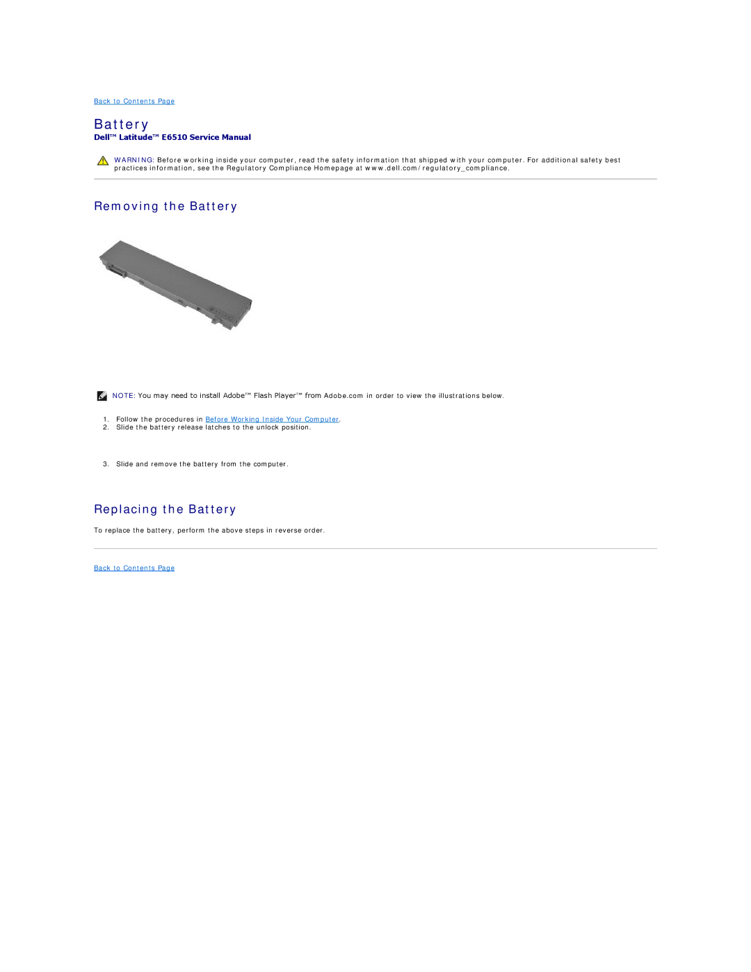 Dell E6510 specifications Removing the Battery, Replacing the Battery 