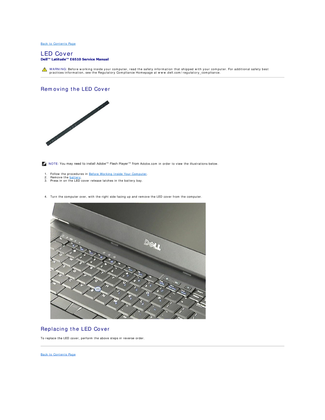 Dell E6510 specifications Removing the LED Cover, Replacing the LED Cover 