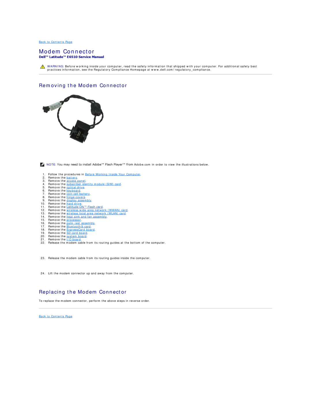 Dell E6510 specifications Removing the Modem Connector, Replacing the Modem Connector 